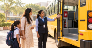 Parent checking school bus safety features with a transport staff member at GIIS Ahmedabad
