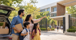 Family relocating to Whitefield visiting a school campus with their children