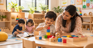 Preschool child playing with Montessori blocks as a teacher guides them at GIIS Bannerghatta