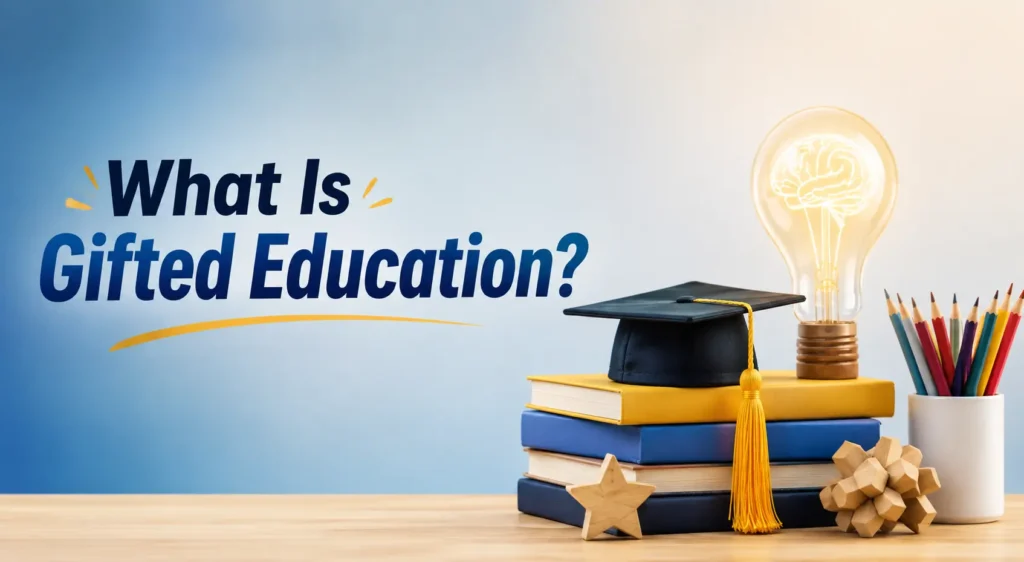 Gifted education with books and graduation cap.